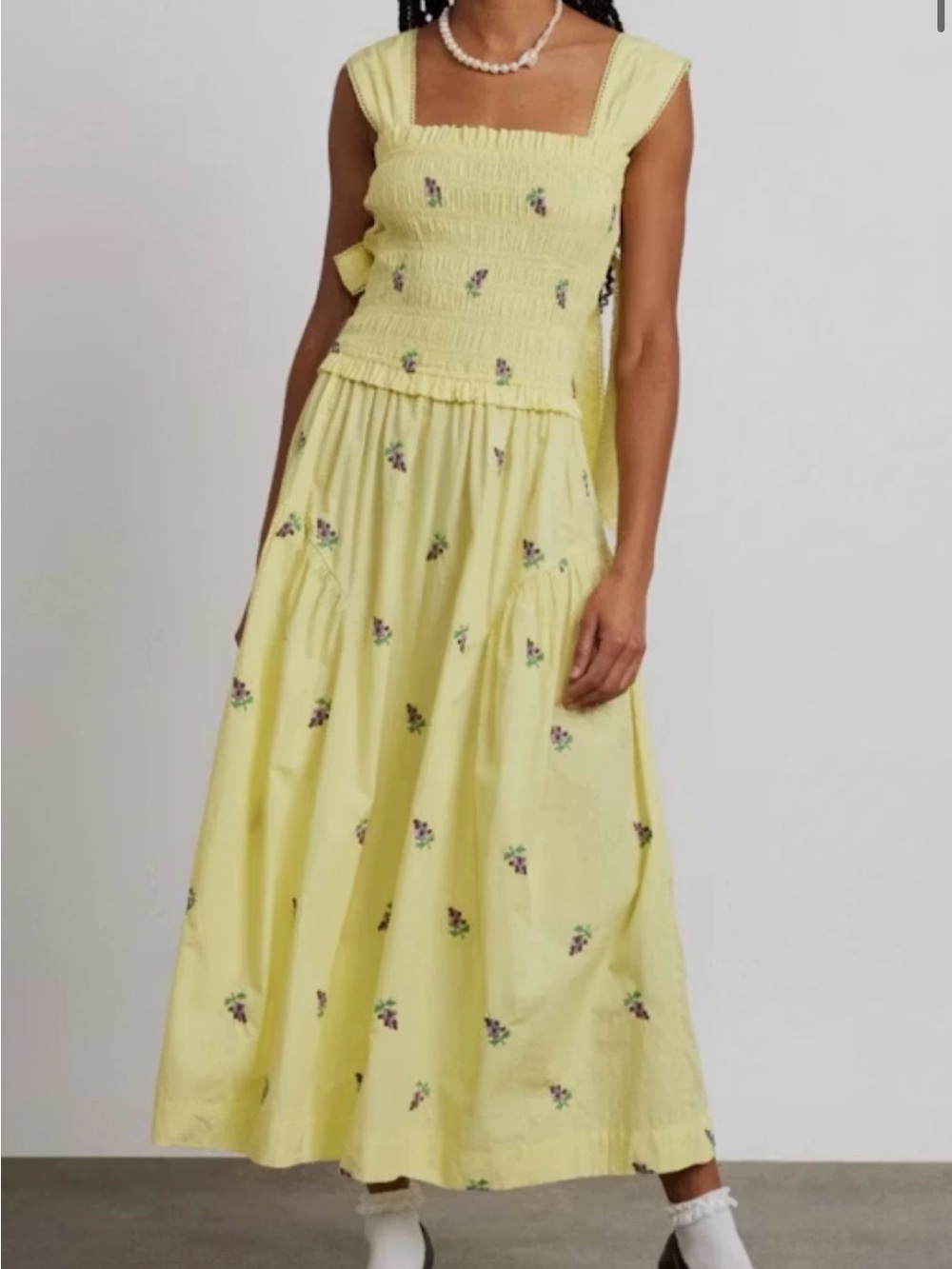 Damson Madder Yellow Tish Poplin Floral Midi Dress - Size US 6 / UK 10